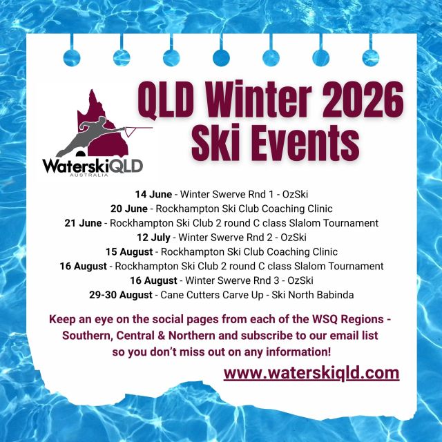 Keen for a Winter Ski Tournament? 
Check out what the QLD Regions have coming up! All this information and more is available on the website: www.waterskiqld.com or contact the regions directly @waterskiqldsr @waterskiqldcr @waterskiqldnr